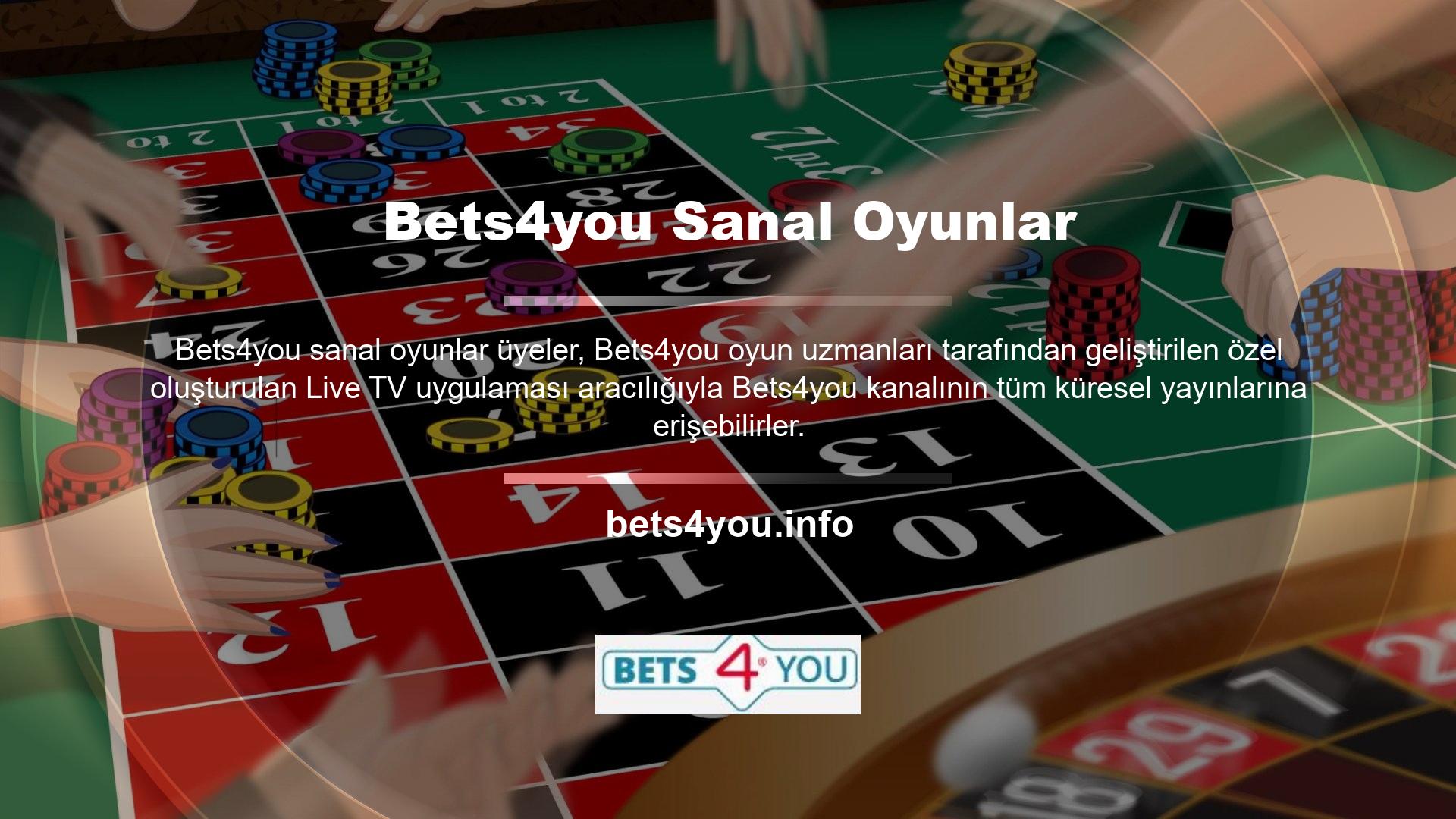 Ayrıca Canlı TV uygulaması, ücretli hizmetler sunan yayın platformları da dahil olmak üzere çeşitli ülkelerdeki Bets4you kanallarından programlar sunmaktadır